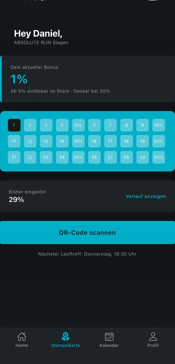 Stempelkarte in der AR Community von ABSOLUTE RUN Siegen: aktueller Rabatt 1 %, 30 Stempelfelder, ab 5 % einlösbar, Knopf QR-Code scannen.